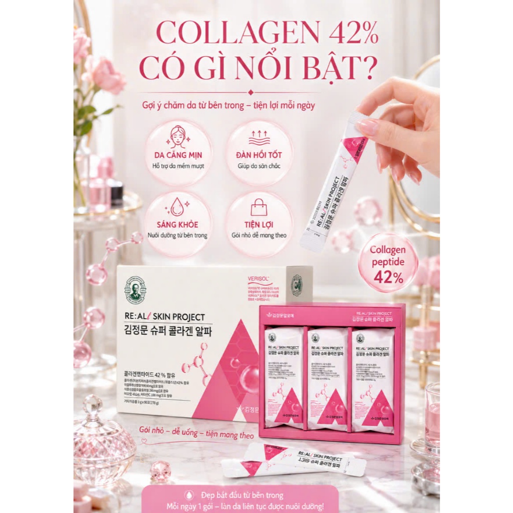 SUPER COLLAGEN ALPHA 90 Gói  Collagen Peptide VERISOL Đức, Hỗ Trợ Đẹp Da, Tăng Độ Đàn Hồi, Dưỡng Ẩm