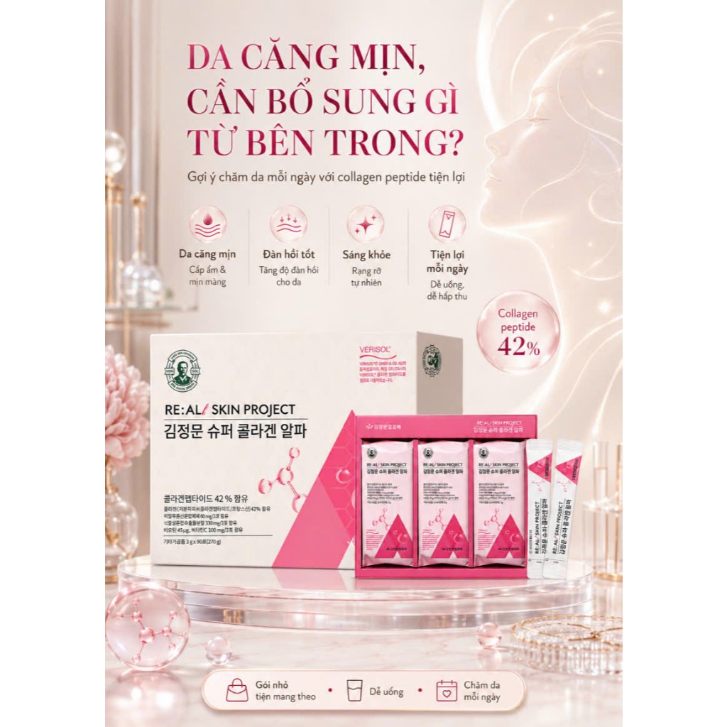 SUPER COLLAGEN ALPHA 90 Gói  Collagen Peptide VERISOL Đức, Hỗ Trợ Đẹp Da, Tăng Độ Đàn Hồi, Dưỡng Ẩm
