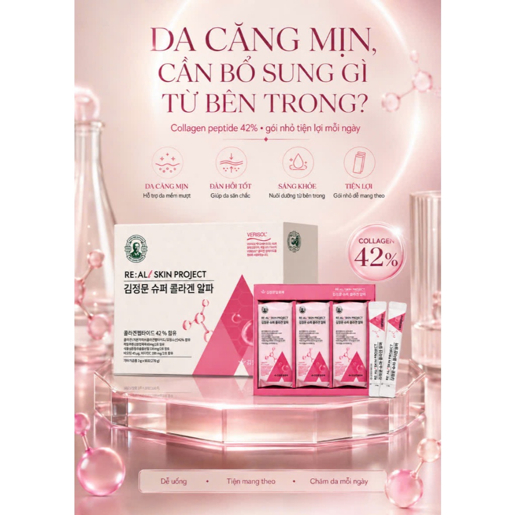 SUPER COLLAGEN ALPHA 90 Gói  Collagen Peptide VERISOL Đức, Hỗ Trợ Đẹp Da, Tăng Độ Đàn Hồi, Dưỡng Ẩm