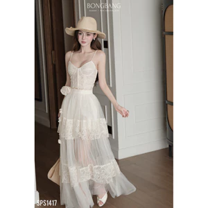 Set áo 2 dây bra ren chân váy maxi lưới đính hoa