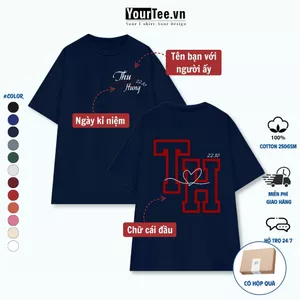 Áo Thun Unisex In Tên Cặp Đôi, Tên Của Bạn Và Người Ấy, Lưng In Chữ Cái Đầu Hai Người + Tặng hộp