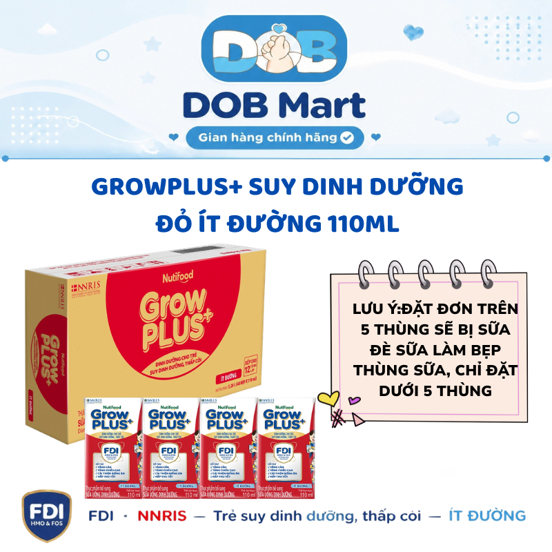 Thùng 48 hộp sữa pha sẵn Grow Plus ĐỎ ÍT ĐƯỜNG  hỗ trợ tăng cân tăng chiều cao 110ml DOB
