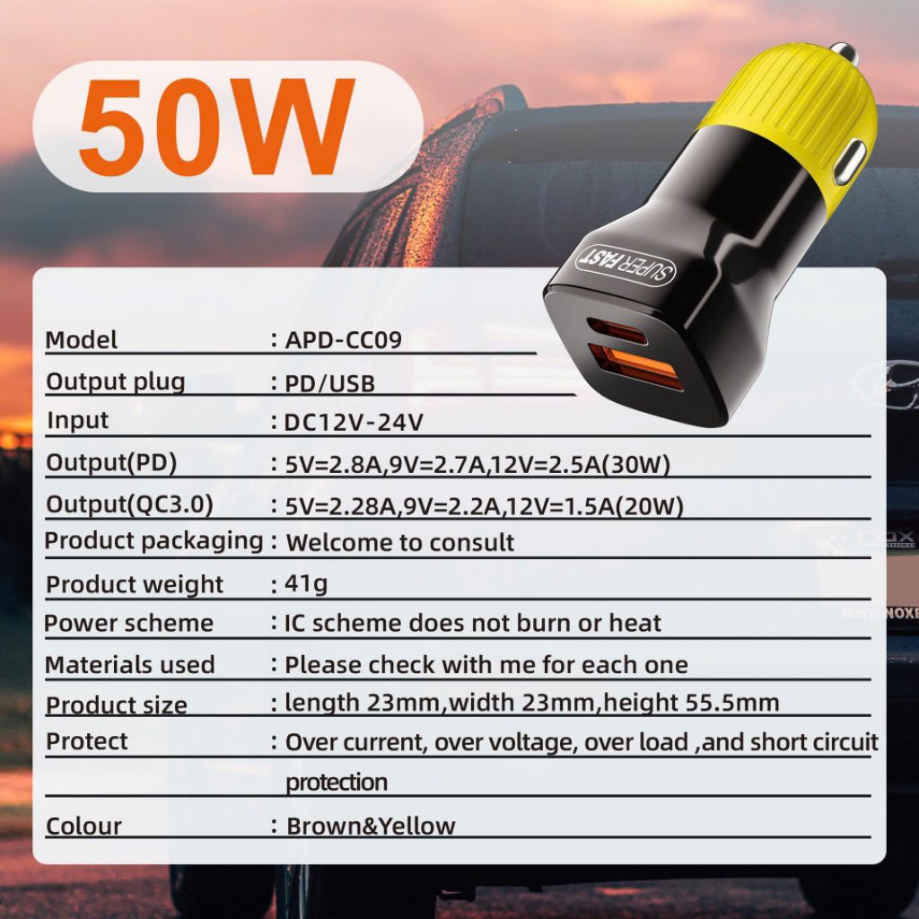 Tẩu sạc nhanh ô tô hỗ trợ hai cổng sạc USB và Type C APD-CC09 50W PD + QC3.0