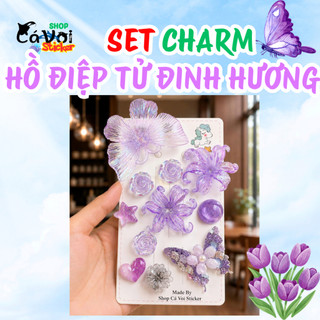 💜 Set Charm Resin Hồ Điệp Tử Đinh Hương Hoa Pha Lê Tím Ánh Ngọc Trái Tim Sao Trang Trí Dép Handmade Cao Cấp