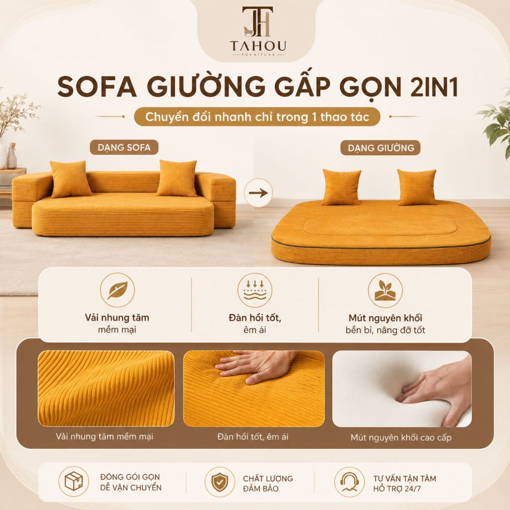 [MUA 1 TẶNG 1] Sofa Giường Gấp Gọn 2in1 Tahou, Sofa Nén Chân Không Kiêm Giường Ngủ Dành Cho Phòng Khách Căn Hộ Nhỏ