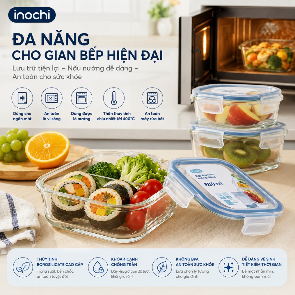 Combo 3 Hộp Thủy Tinh Inochi: Tròn/Vuông/Chữ Nhật - Đa Năng Bảo Quản, Lò Vi Sóng/Tủ Đông/Rửa Bát