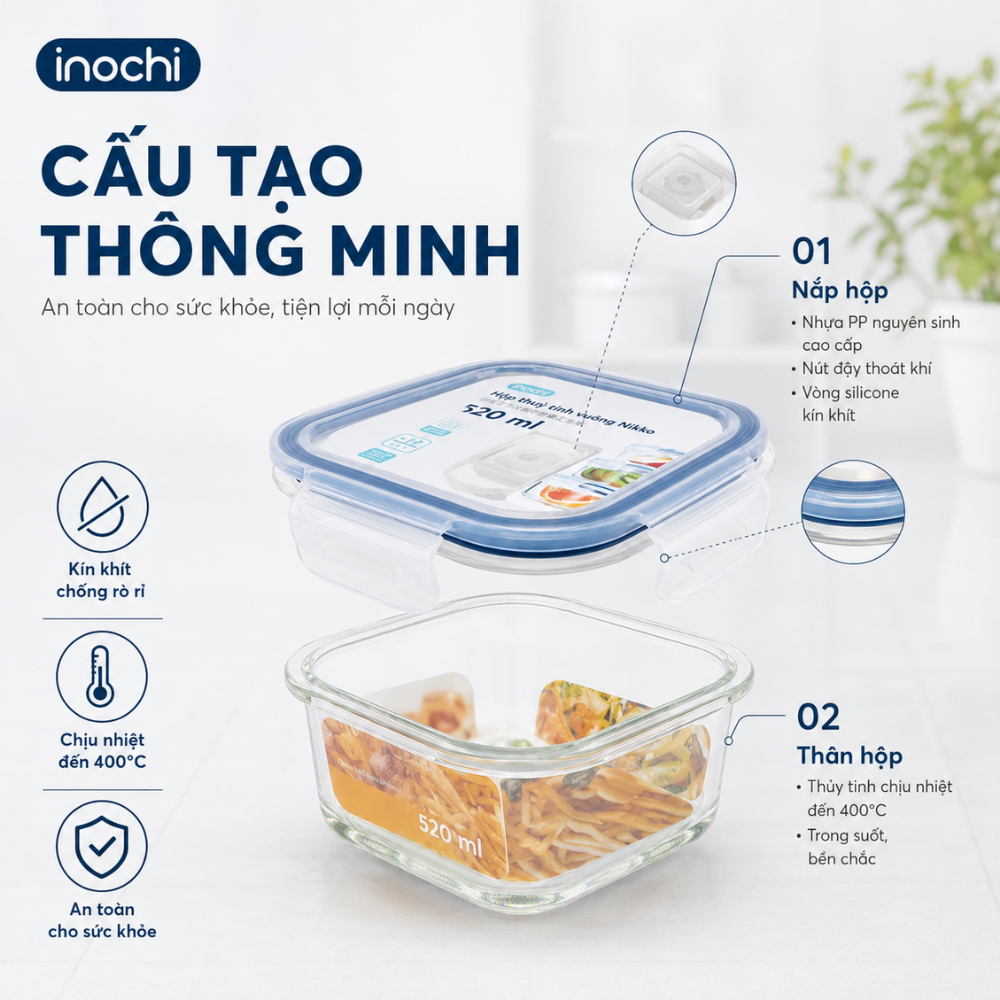 Hộp Thuỷ Tinh Đựng -Thực Phẩm Nikko INOCHI Đồ Ăn, Thức Ăn Trong Tủ Lạnh, Bảo Quản Thực Phẩm Tươi