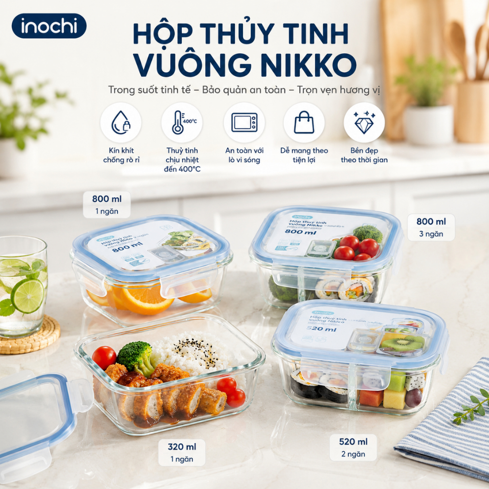 Hộp Thuỷ Tinh Đựng -Thực Phẩm Nikko INOCHI Đồ Ăn, Thức Ăn Trong Tủ Lạnh, Bảo Quản Thực Phẩm Tươi