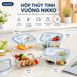 Hộp thuỷ tinh vuông Inochi - Nikko - Đựng thực phẩm, đồ ăn, thức ăn trong ngăn đá, tủ lạnh