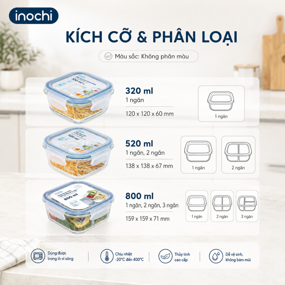 Hộp Thuỷ Tinh Đựng -Thực Phẩm Nikko INOCHI Đồ Ăn, Thức Ăn Trong Tủ Lạnh, Bảo Quản Thực Phẩm Tươi