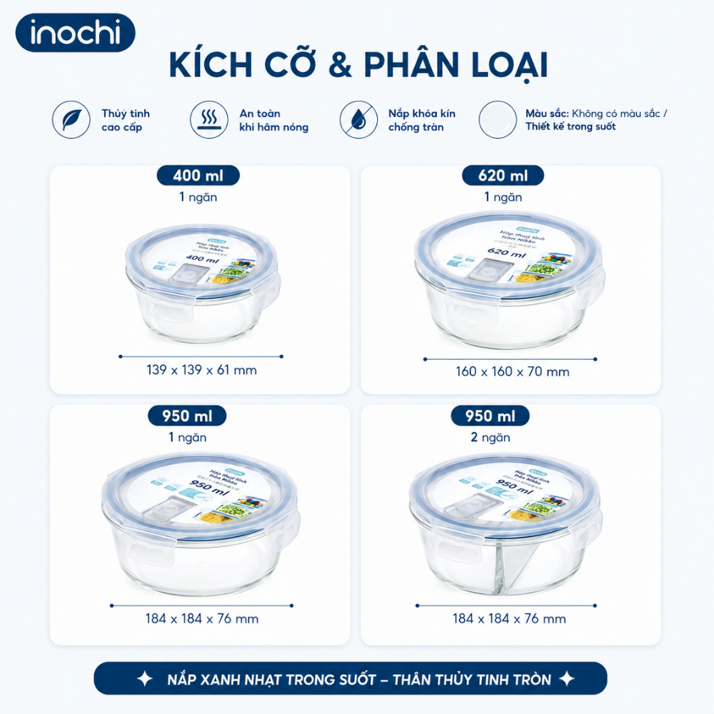 Hộp Thuỷ Tinh Đựng -Thực Phẩm Nikko INOCHI Đồ Ăn, Thức Ăn Trong Tủ Lạnh, Bảo Quản Thực Phẩm Tươi