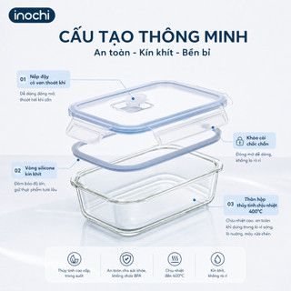 Hộp thuỷ tinh chữ nhật Inochi - Nikko - Đựng thực phẩm, đồ ăn, thức ăn trong ngăn đá, tủ lạnh