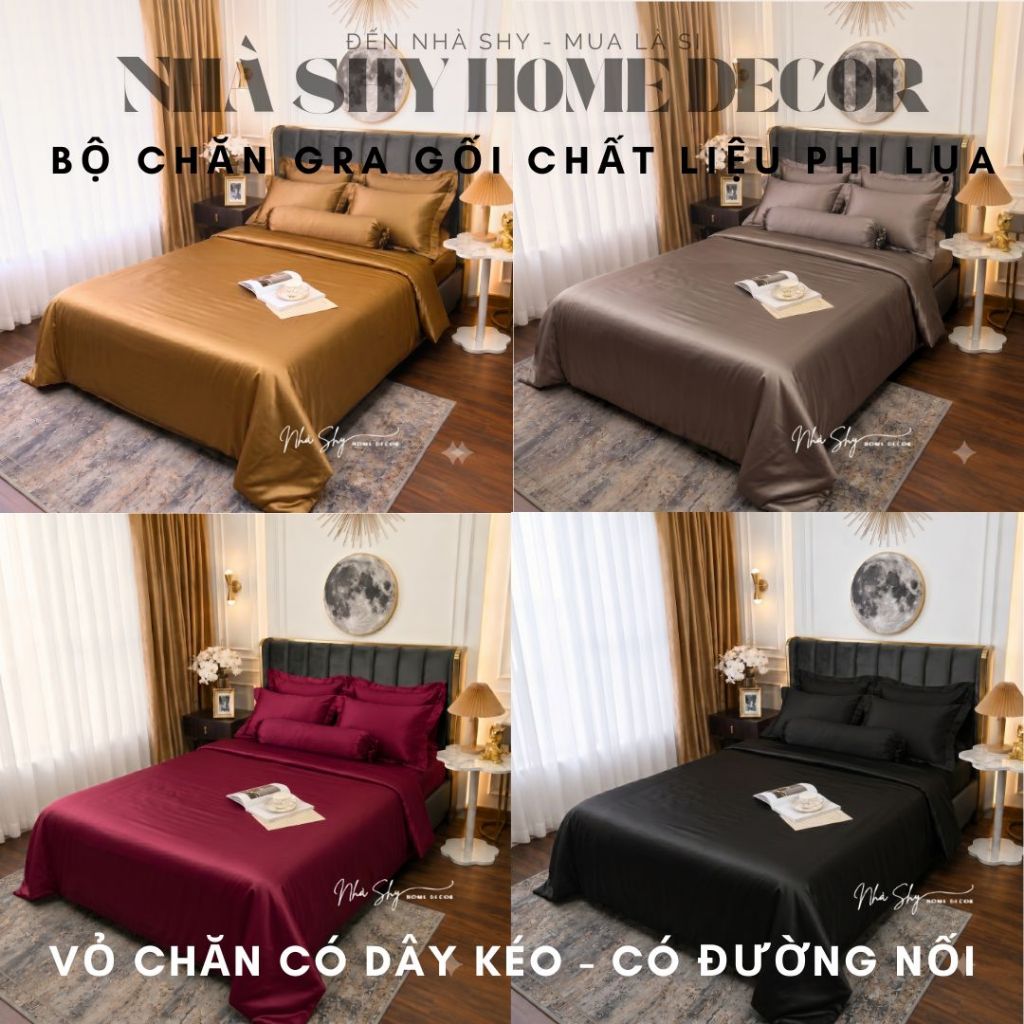 [ Bộ Vỏ Chăn Gra Gối Phi Lụa Cao Cấp ] - Set Vỏ Chăn Có Dây Kéo Size 2mx2m2  - Bộ 5 Món - Nhà Shy Home Decor