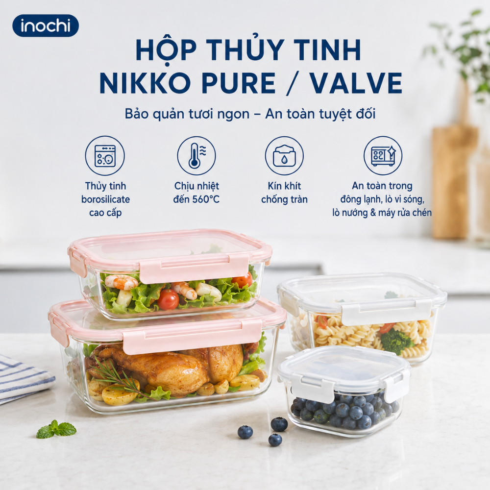 Hộp Thủy Tinh Nikko Pure INOCHI: Bảo Quản Thực Phẩm An Toàn, Tươi Ngon, Tiện Lợi - Chống Rò