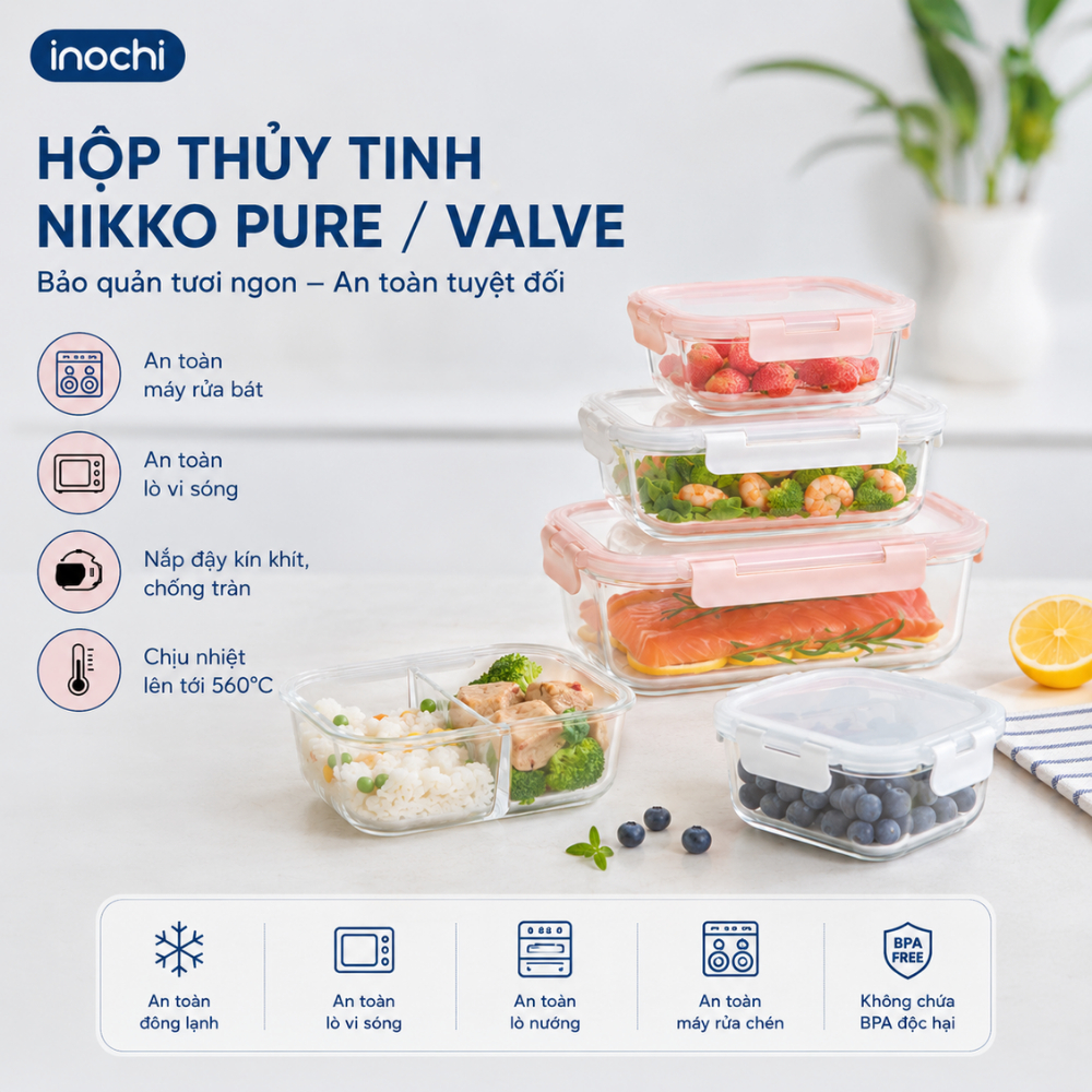Hộp Thủy Tinh Nikko Pure INOCHI: Bảo Quản Thực Phẩm An Toàn, Tươi Ngon, Tiện Lợi - Chống Rò
