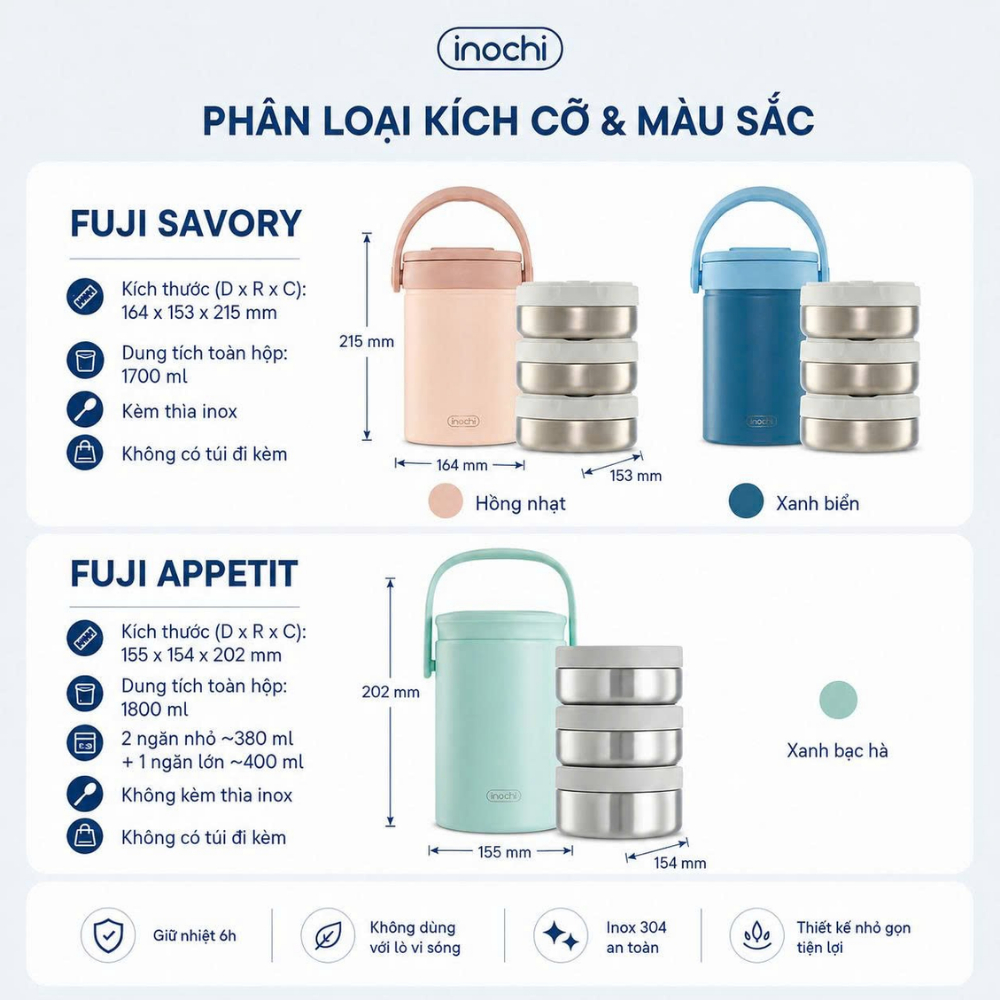 Hộp cơm giữ nhiệt Inochi Fuji – Dung tích lớn, tiện lợi mang theo, inox 304 cao cấp