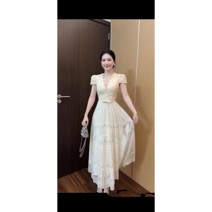VÁY NỮ, VÁY REN CỔ V NƠ EO DÁNG DÀI,ĐI DU LỊCH SIÊU XINH, ĐẦM VÁY NỮ REN CỘC TAY DÁNG NGẮN CỔ V CAO CẤP XINH