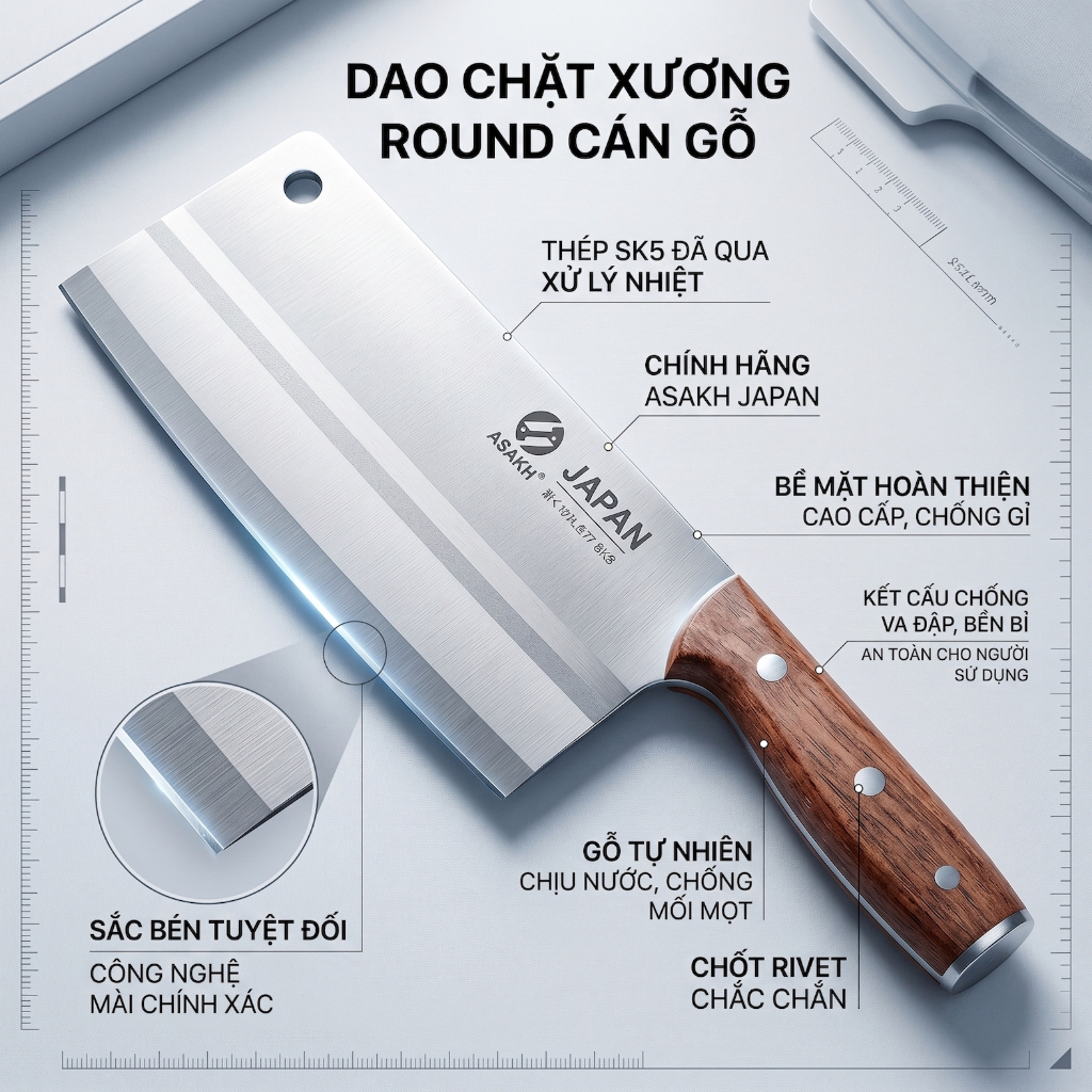 Dao Chặt Xương Round Cán Gỗ ASAKH dao chặt gà siêu cứng hiện đại KOOL, dao chặt gà, dao làm bếp