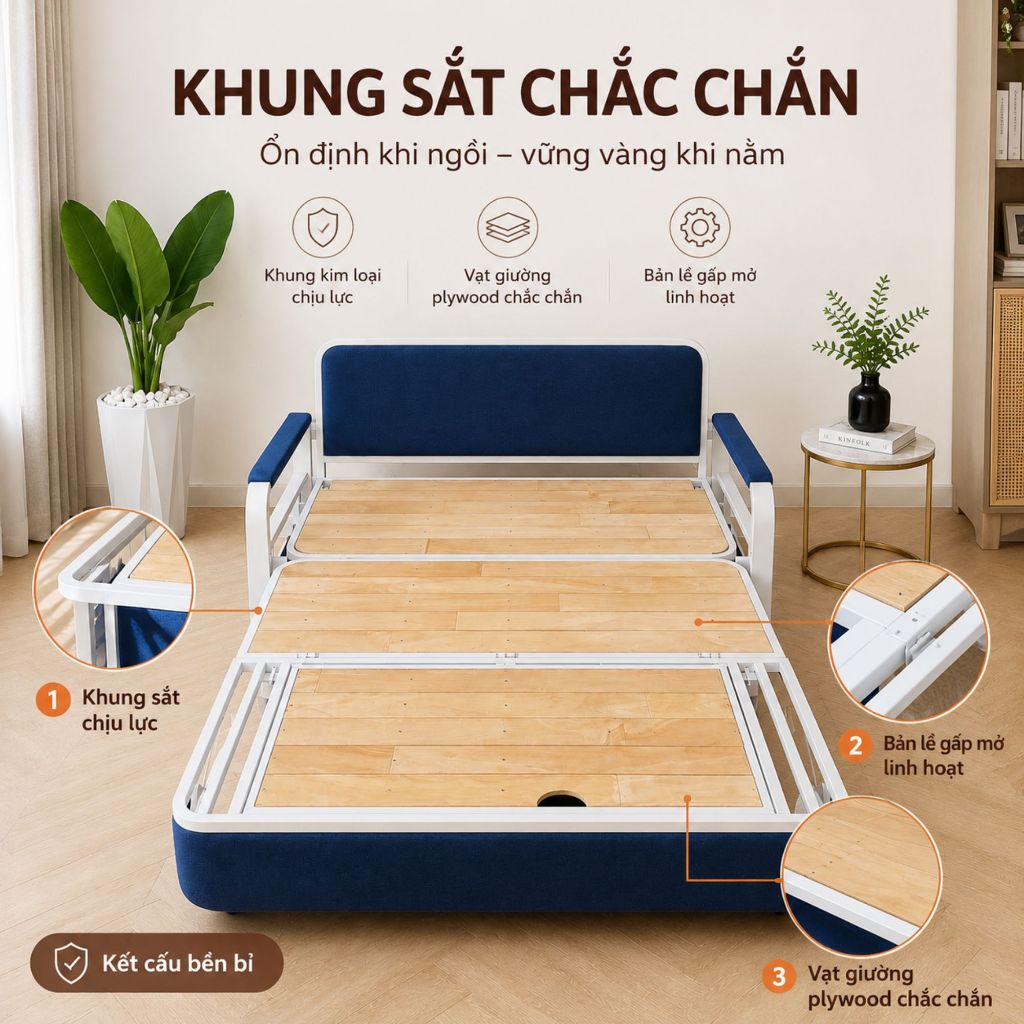 Ghế Sofa Kiêm Giường Ngủ Gấp Gọn Tahou - Khung Sắt Chắc Chắn, Nệm Êm, Dùng Cho Phòng Khách/Phòng Trọ