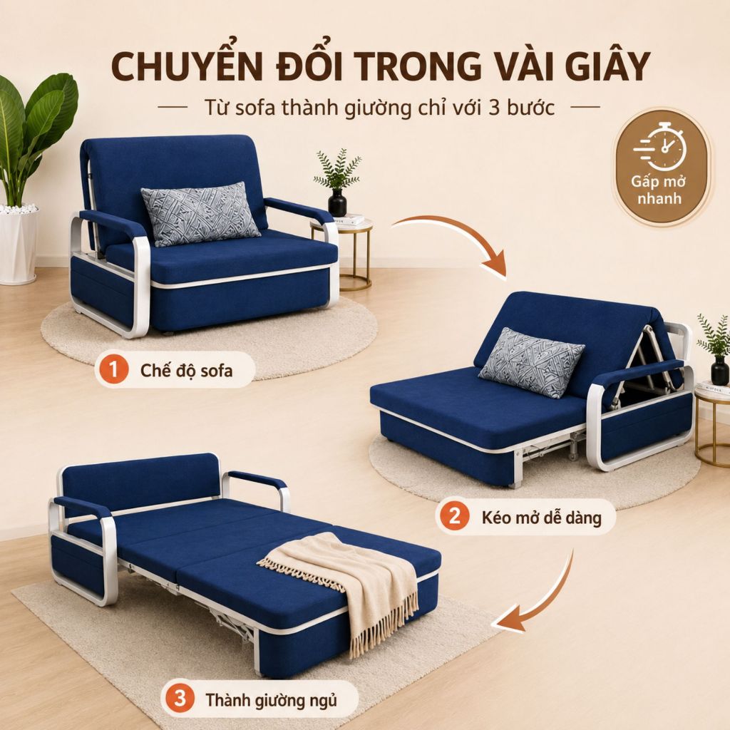Ghế Sofa Kiêm Giường Ngủ Gấp Gọn Tahou - Khung Sắt Chắc Chắn, Nệm Êm, Dùng Cho Phòng Khách/Phòng Trọ
