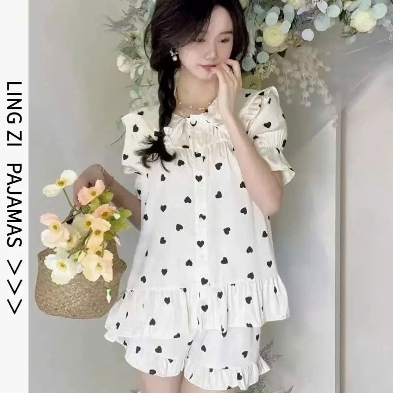 Bộ ngủ cộc đùi bi- trái tim  phối nơ bánh bèo lụa quảng  châu cao cấp mềm mịn
