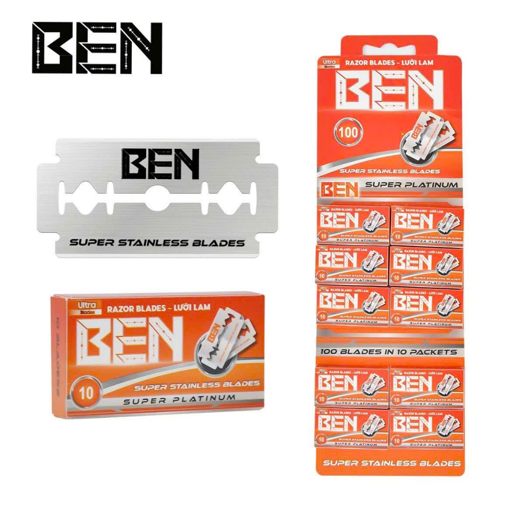 100 Lưỡi lam Ben tiêu chuẩn (basic) thép không gỉ. 1 vỉ có 10 hộp nhỏ, 1 hộp có 10 lưỡi kép.