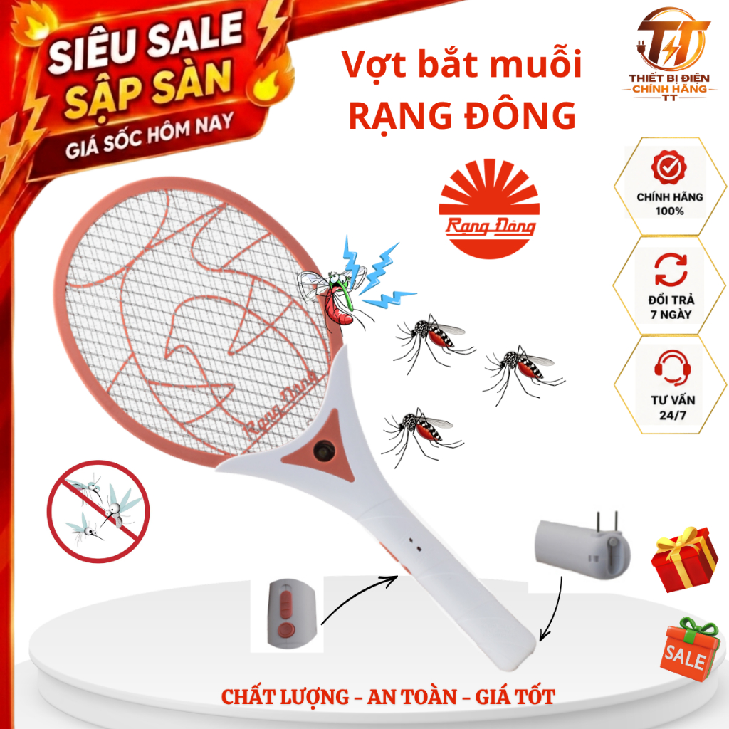 Vợt muỗi pin sạc, vợt điện bắt muỗi Rạng Đông 3 lớp có đèn led diệt muỗi hiệu quả