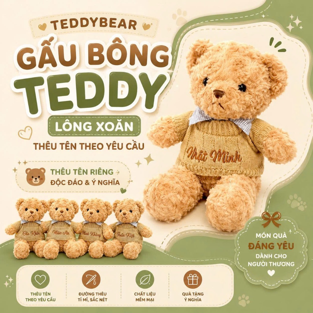 [Hỏa Tốc] Gấu Bông Teddy Lông Xoăn Thêu Tên Theo Yêu Cầu Cho Bé Và Người Thương, Món Quà Đầy Ý Nghĩa
