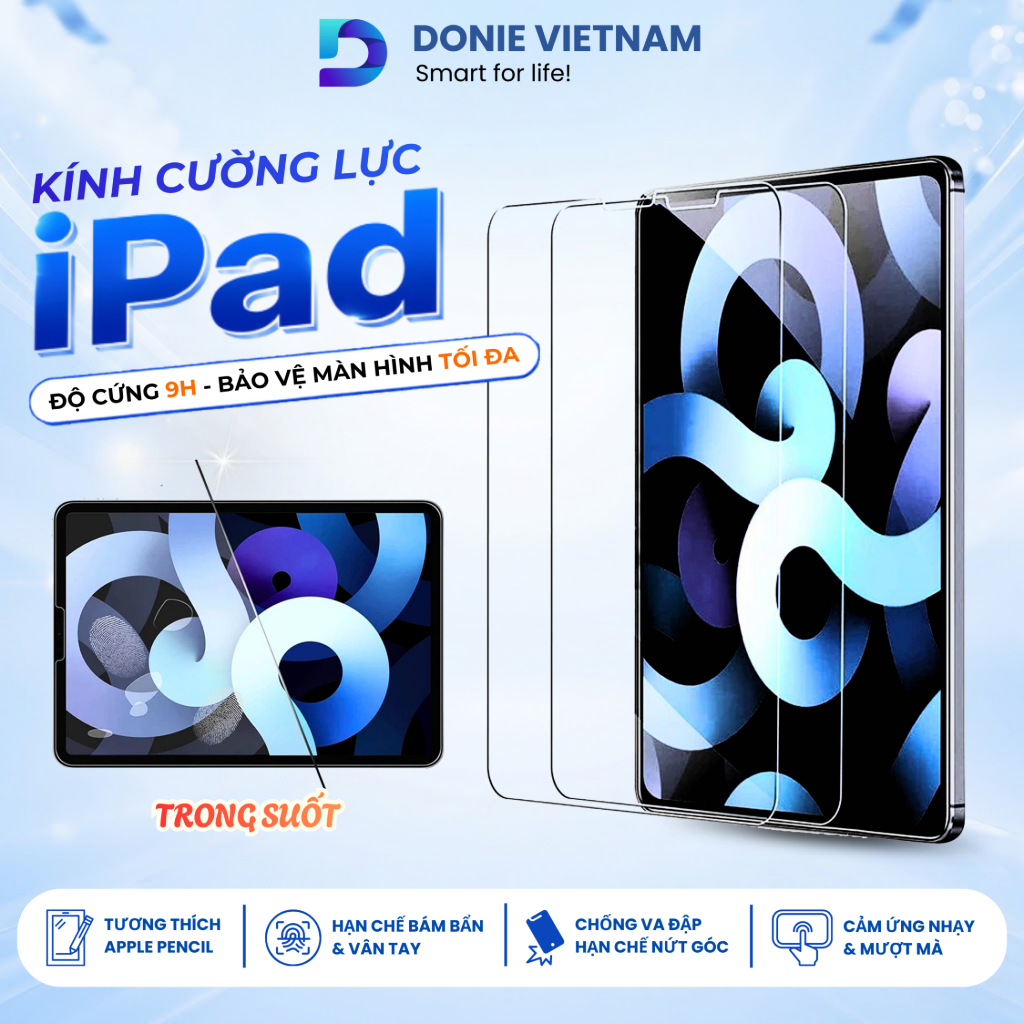 Kính Cường Lực Độ Cứng 9H Trong Suốt Cho iPad A16 Gen 10/11 Air 4/5/6/7 Pro 11 13 M3 M4 | Donie C01