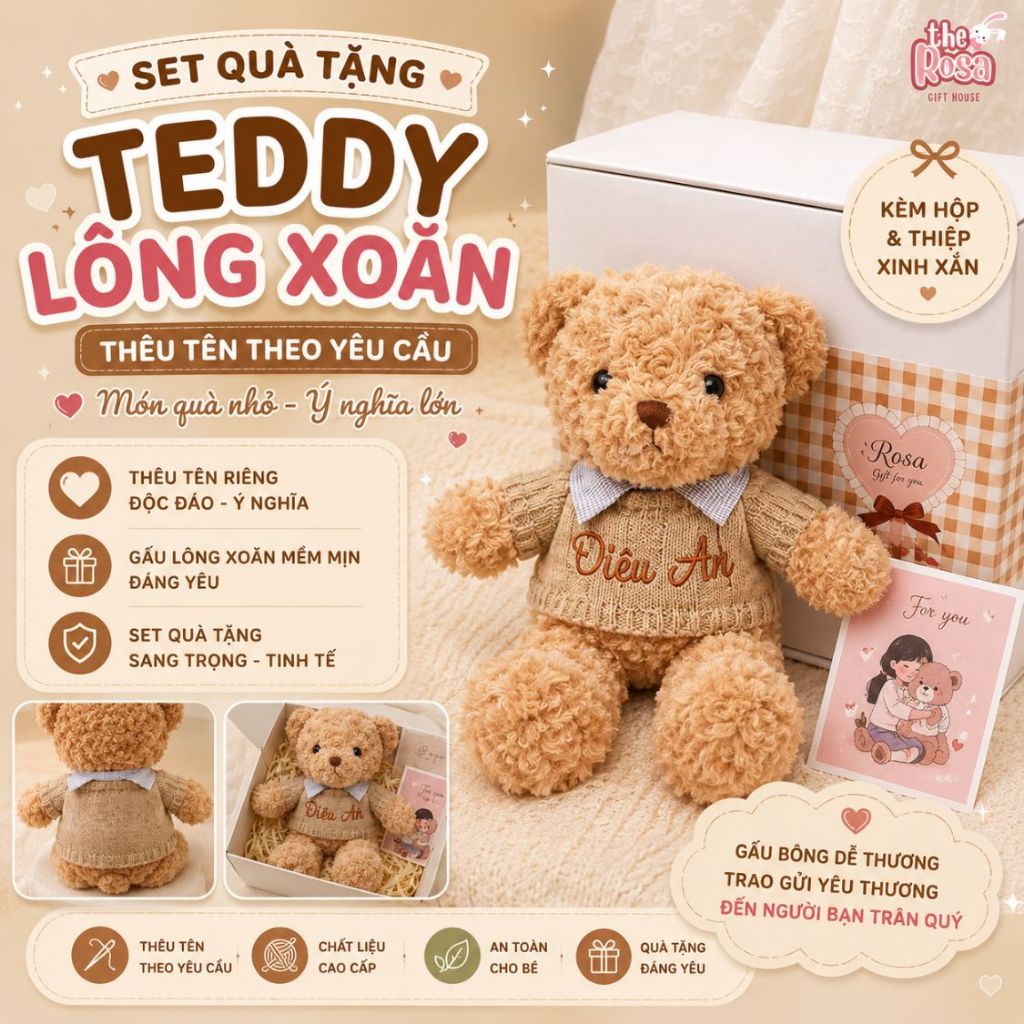 Set Quà Tặng Teddy Thêu Tên Riêng – Gấu Bông Teddy Cao Cấp Kèm Thiệp Và Hộp Quà Sang Trọng