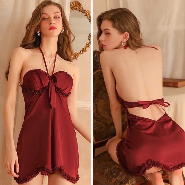 ( Che Tên) Váy ngủ lụa 2 dây trơn buộc dây hở lưng sexy cao cấp Đầm mặc nhà gợi cảm sexy quyến rũ