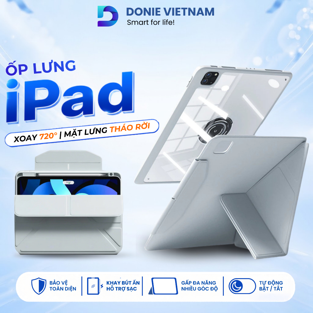 Ốp Lưng Xoay 720° Tháo Rời Linh Hoạt Khay Đựng Bút Ẩn Cho iPad Air 4/5 Gen 10/11 Pro 11 |  DONIE P08