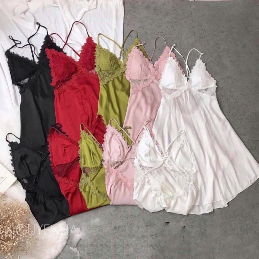 Váy ngủ lụa 2 dây  satin phối ren dây chéo lưng quảng châu cao cấp bộ ngủ lụa 2 dây hoa nhí sẵn sl