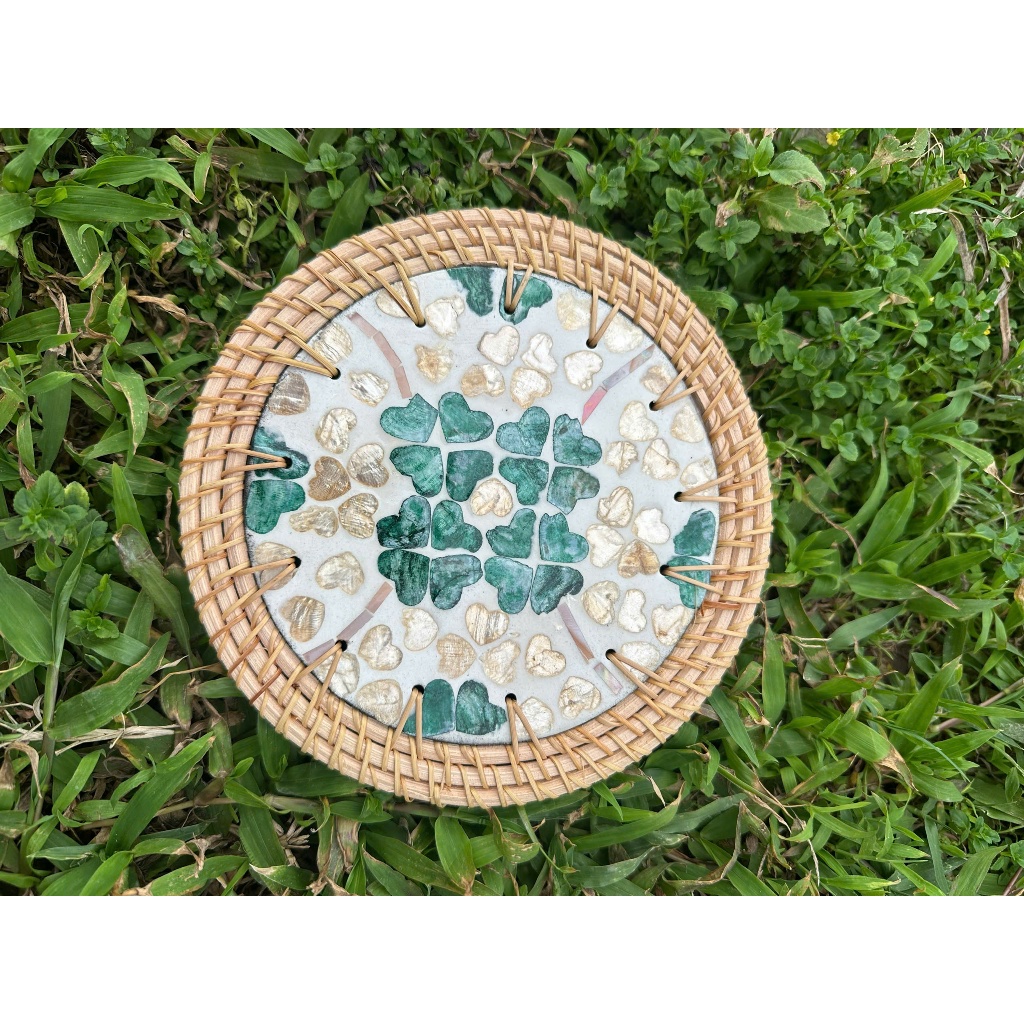 Lót Ly Mây Tre Đan Họa Tiết Cỏ Bốn Lá - Dùng Decor, Làm Quà Tặng