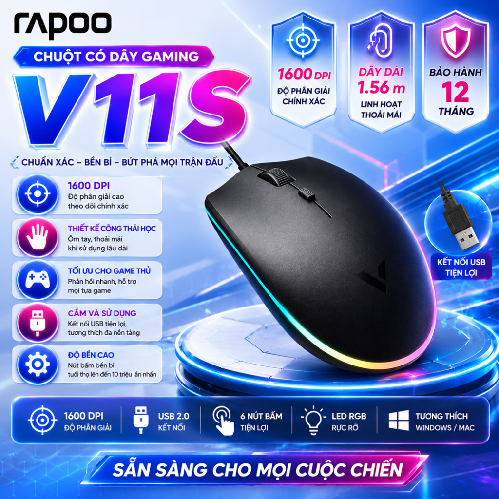 Chuột Có dây Gaming Rapoo V11s - Hàng Mới Chính Hãng.