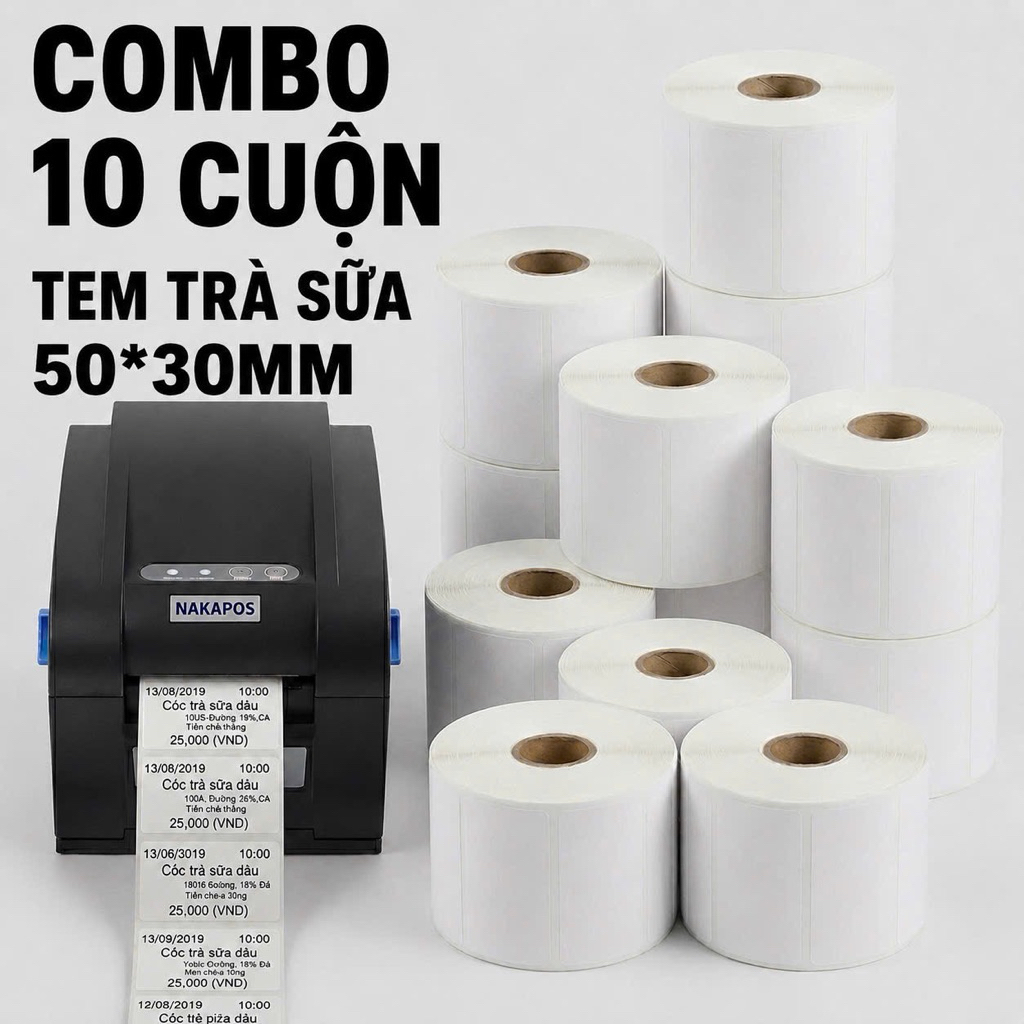 [COMBO 10 CUỘN] Decal nhiệt in tem trà sữa loại 50x30mm 30x50 30x50mm 30*50 giấy in nhiệt 5x3 50*30 50x30 tem dán ly cốc