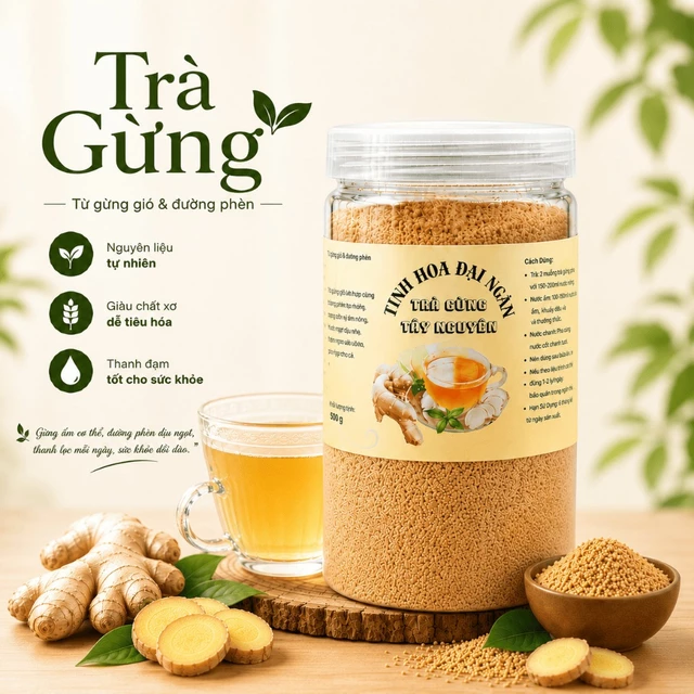 Trà Gừng Gió Hòa Tan 500G, Trà Gừng Gió Đường Phèn Tinh Hoa Đại Ngàn
