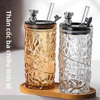 Ly Thủy Tinh Kim Cương 330ML Nắp Gấu Có Ron Kín,Cốc Nước LOVE Kèm Ống Hút Thủy Tinh Sang Trọng-GD97