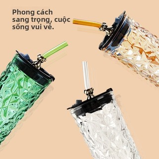 Ly Thủy Tinh Kim Cương 330ML Nắp Gấu Có Ron Kín,Cốc Nước LOVE Kèm Ống Hút Thủy Tinh Sang Trọng-GD97