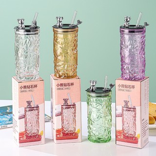 Ly Thủy Tinh Kim Cương 330ML Nắp Gấu Có Ron Kín,Cốc Nước LOVE Kèm Ống Hút Thủy Tinh Sang Trọng-GD97