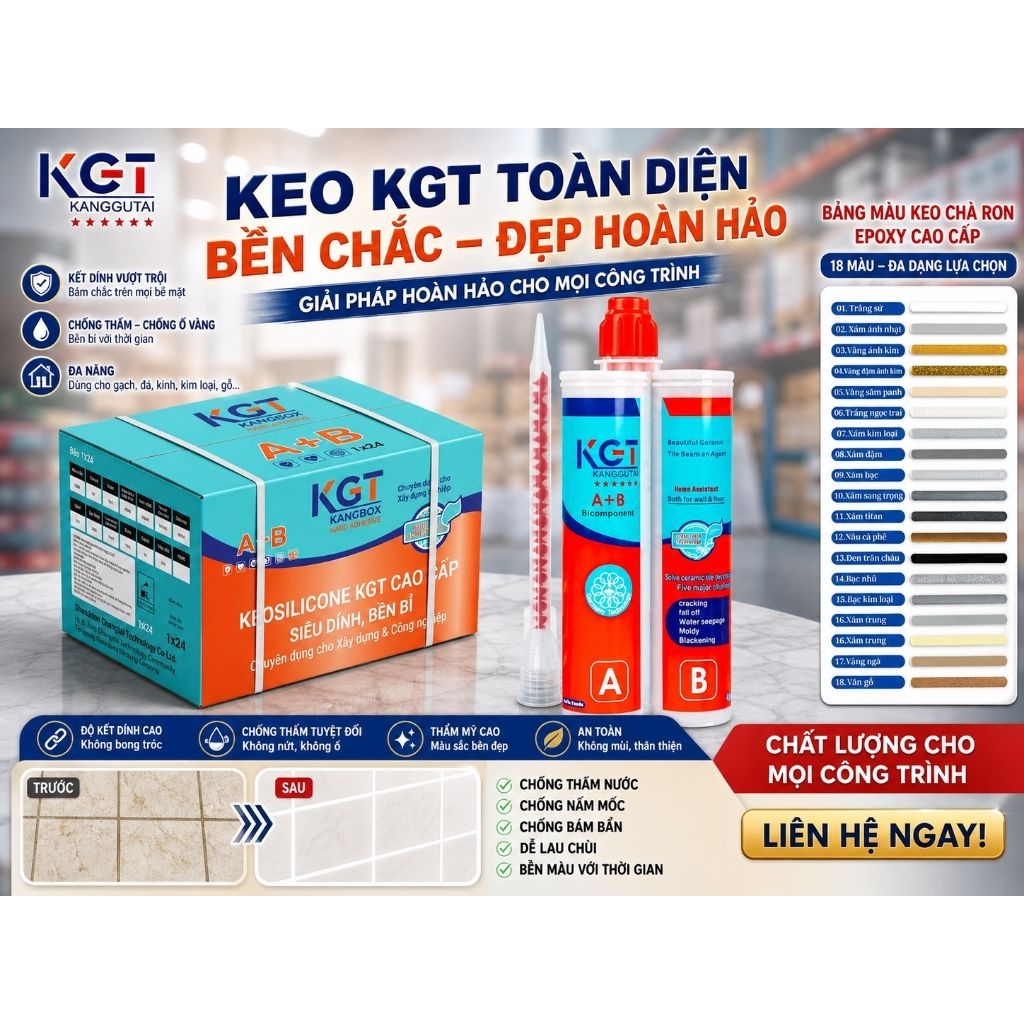 Keo Chà Ron Gạch Epoxy KGT 400ml - Thùng 24 Chai, Đa Màu Sắc, Dễ Thi Công, Chống Thấm Chống Ố Vàng
