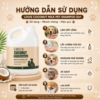 Sữa Tắm Xả Chó Mèo Louis For Pet Coconut Milk 3In1 4L Làm Sạch Khử Mùi Dưỡng Lông Mềm Mượt