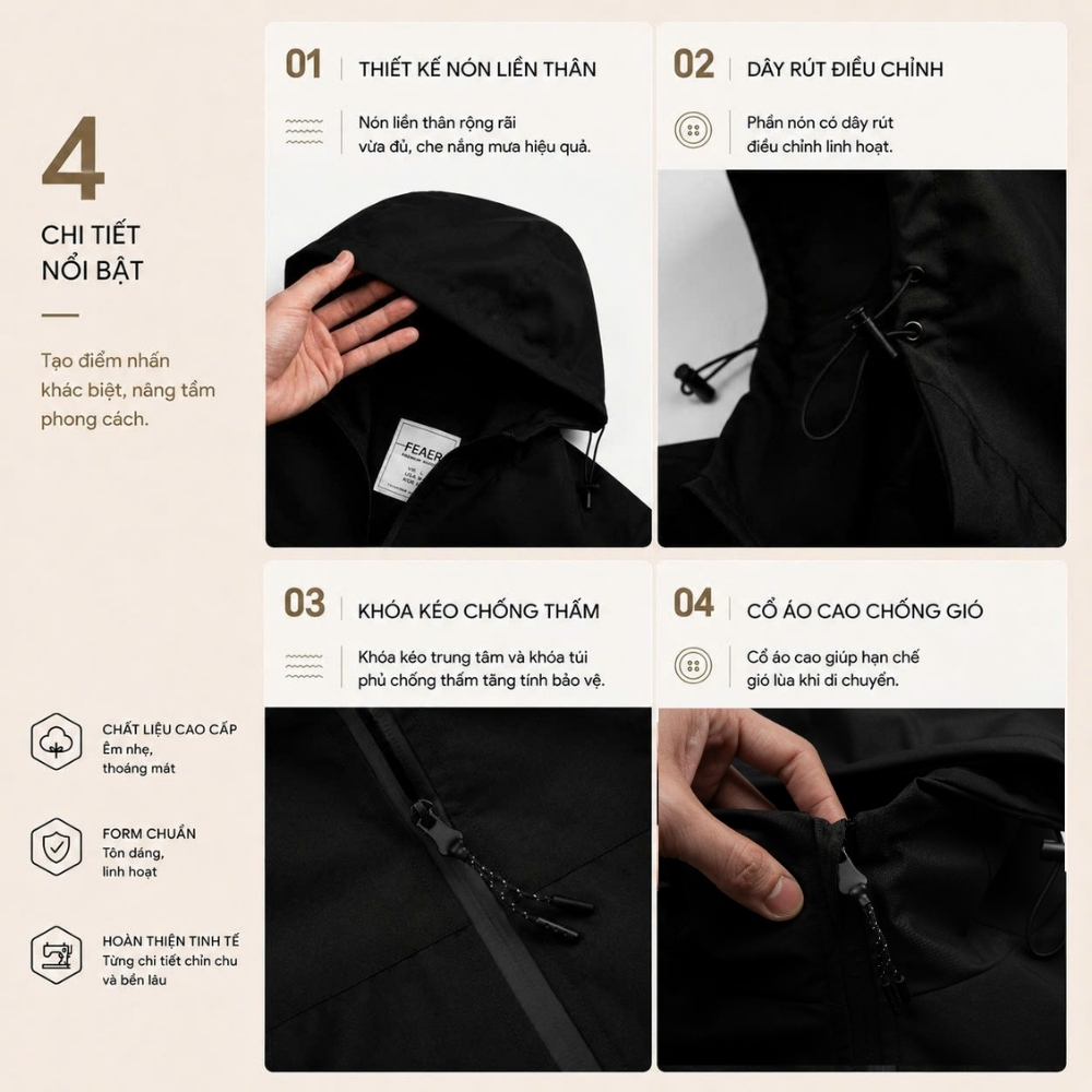 Áo khoác Anorak trượt nước tối giản, chất dù Micro nhẹ, chống gió linh hoạt, phong cách urban utility hiện đại - FEAER