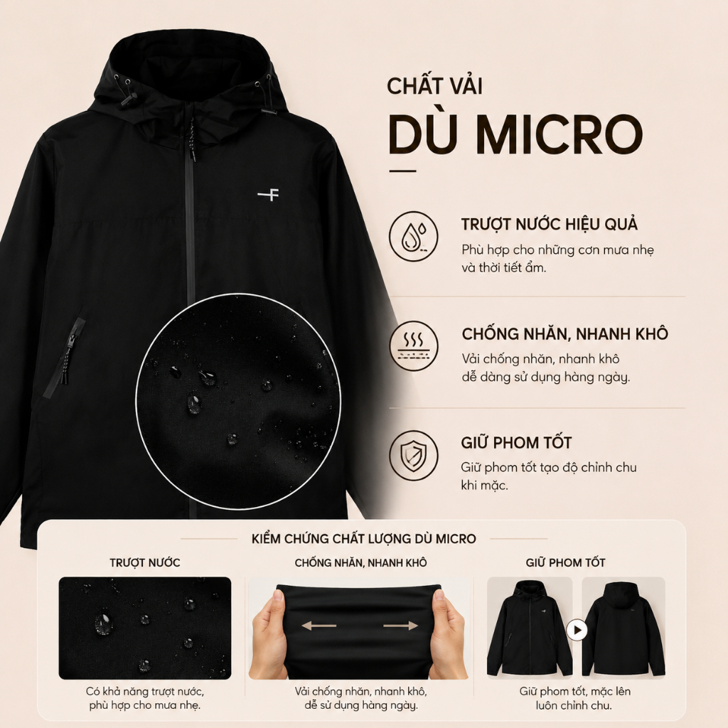 Áo khoác Anorak trượt nước tối giản, chất dù Micro nhẹ, chống gió linh hoạt, phong cách urban utility hiện đại - FEAER