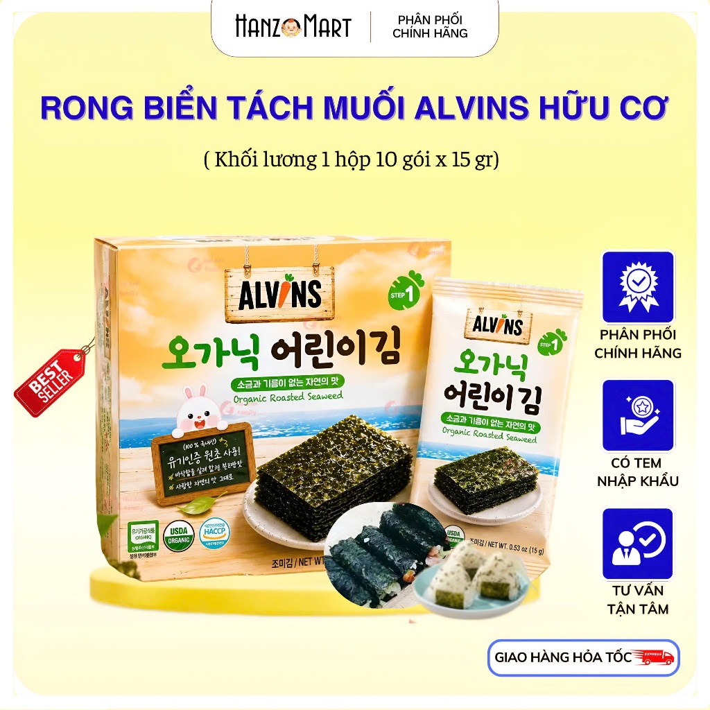 Rong Biển Tách Muối Hữu Cơ Alvins cho bé, Rong Biển Hữu Cơ Dạng Lá Alvins Hàn Quốc 15g - hanzo2009