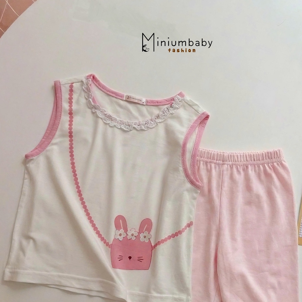Set bộ cộc tay bé gái Miniumbaby cổ viền hình túi chéo mix quần legging cộc, chất cotton mềm SB2775