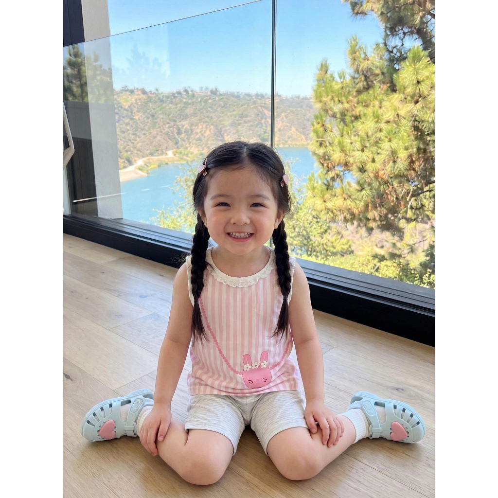 Set bộ cộc tay bé gái thỏ nơ kẻ sọc Miniumbaby mix quần legging cộc, chất vải áo mềm mịnm nhẹ SB2775