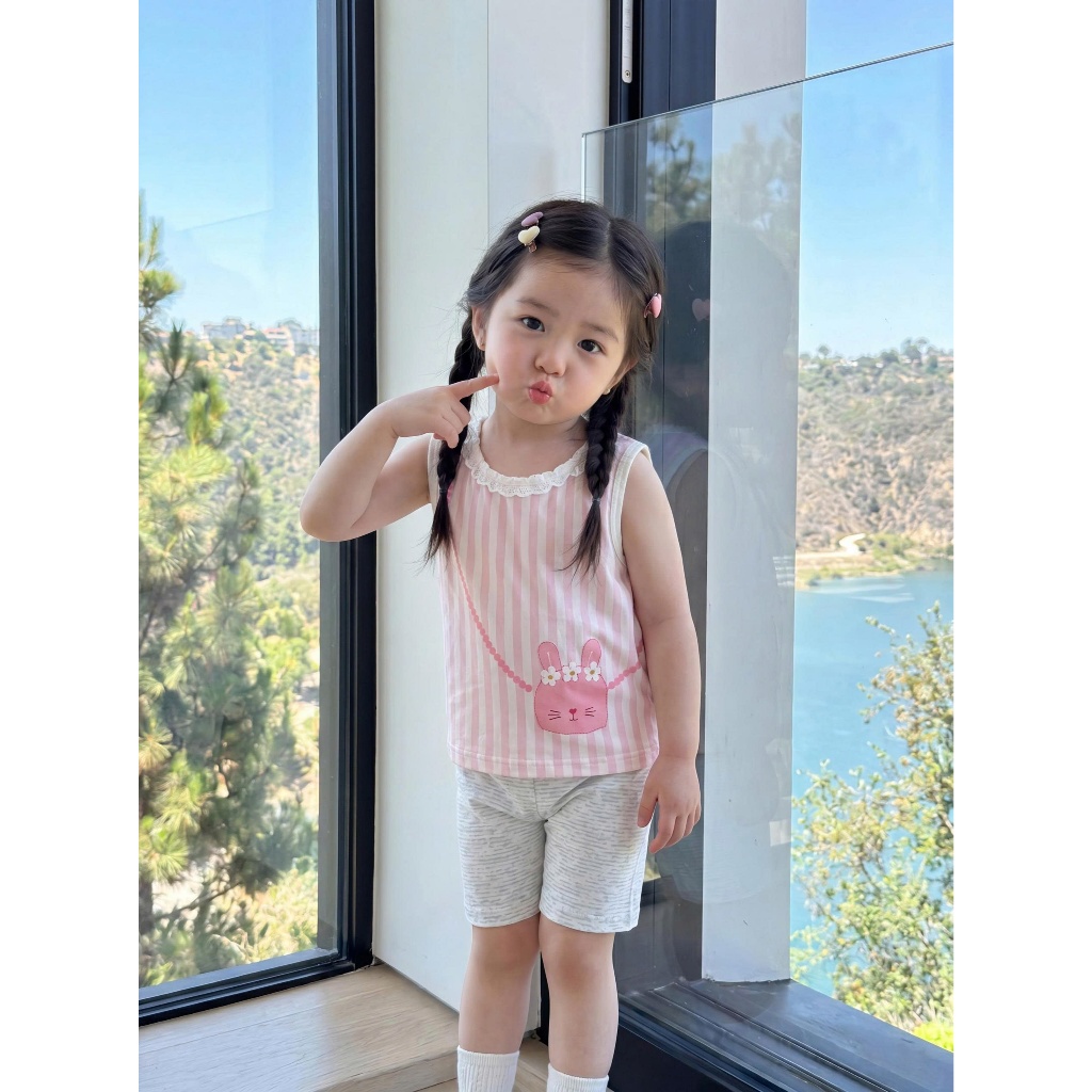 Set bộ cộc tay bé gái Miniumbaby cổ viền hình túi chéo mix quần legging cộc, chất cotton mềm SB2775