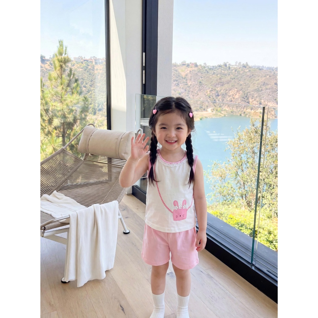 Set bộ cộc tay bé gái Miniumbaby cổ viền hình túi chéo mix quần legging cộc, chất cotton mềm SB2775