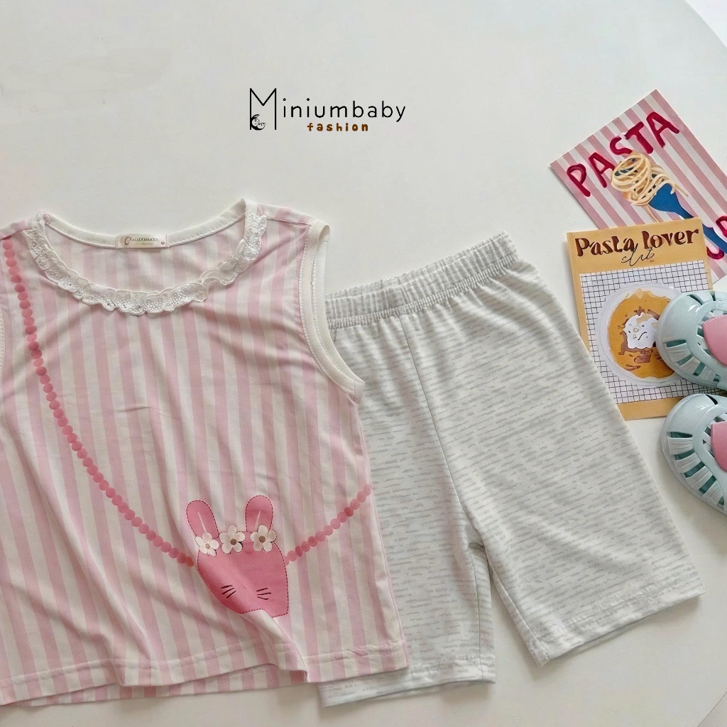 Set bộ cộc tay bé gái thỏ nơ kẻ sọc Miniumbaby mix quần legging cộc, chất vải áo mềm mịnm nhẹ SB2775